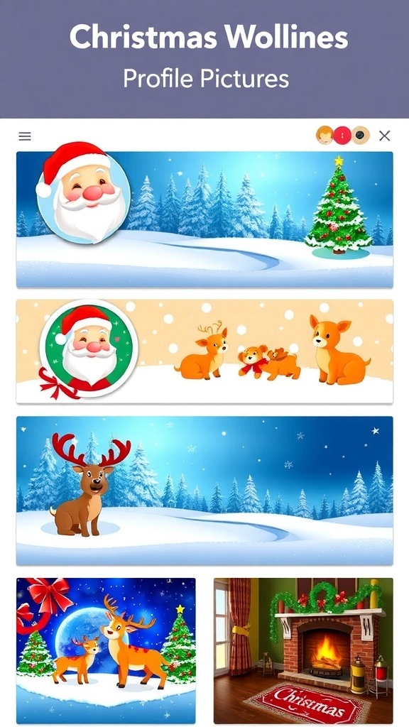 Blitz Christmas PFP (Profile Picture) Ideas A collage of Christmas-themed profile pictures featuring Santa, a Christmas tree, a reindeer, and a cozy fireplace.